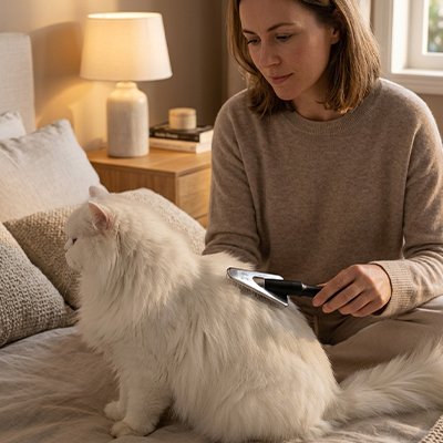 Femme en pull beige brossant un chat blanc à poils longs assis sur un lit