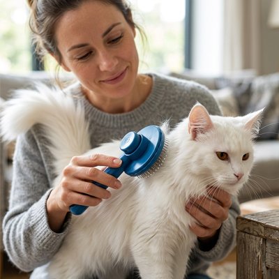 Femme brossant le dos d’un chat blanc à poils longs avec une brosse bleue