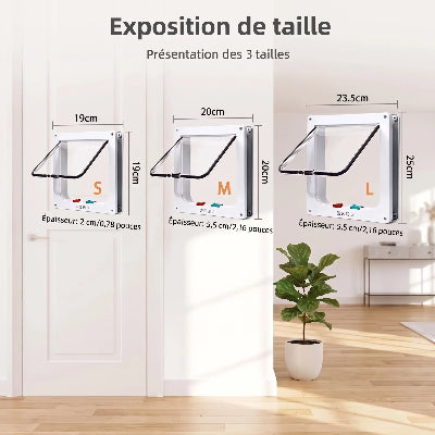 Comparaison des 3 tailles de chatière (S, M, L) avec dimensions en cm installées sur porte blanche
