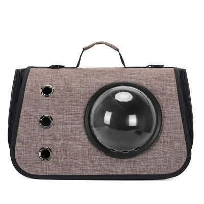 Sac de transport pour chat kaki et noir vu de face, avec fenêtre ronde et trois ouvertures latérales