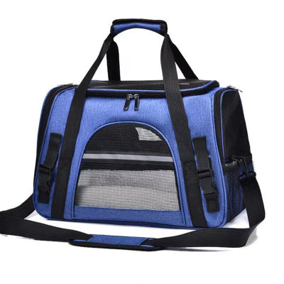 Sac de transport pour chat coloris bleu, avec fenêtre en mesh sur le devant et bandoulière
