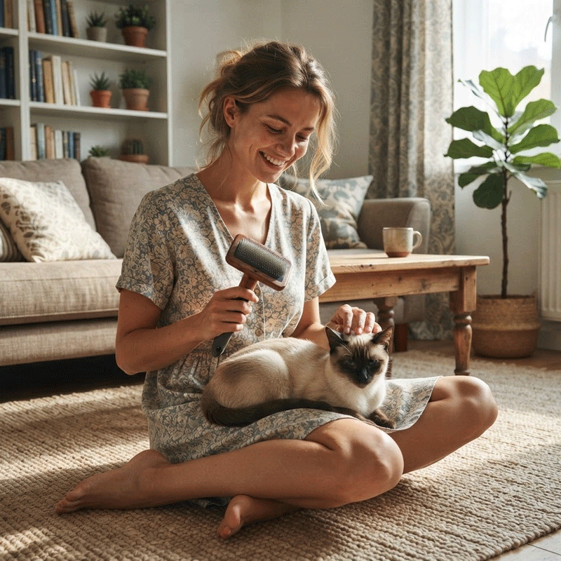 Femme brossant un chat installé sur ses genoux dans un salon