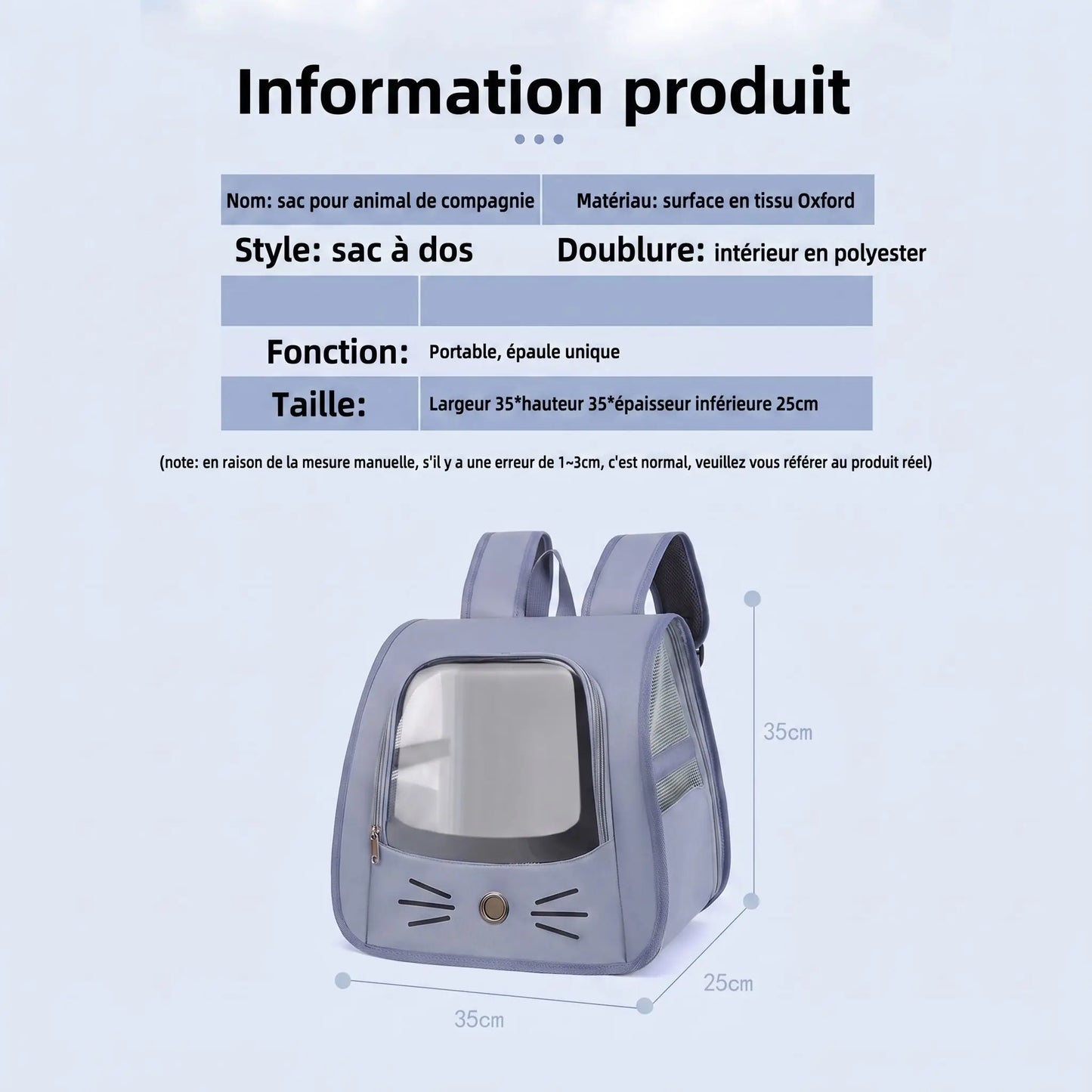 Fiche technique sac à dos pour chat – informations produit