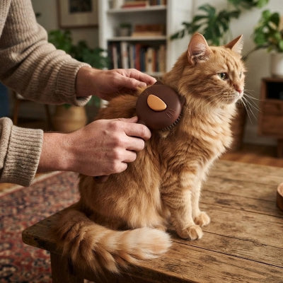 Chat roux à poil long brossé sur le dos avec une brosse marron