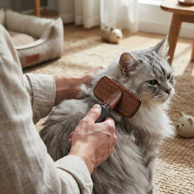 Chat gris et blanc brossé avec une brosse à manche en bois