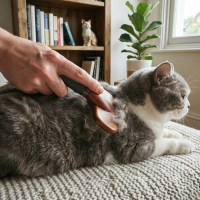 Chat gris et blanc allongé pendant qu’on lui brosse le dos
