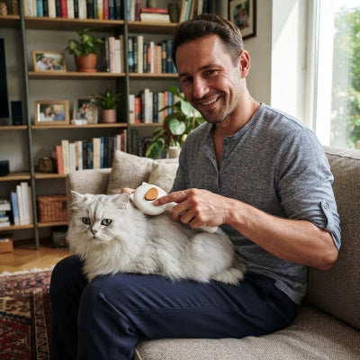 Homme brossant un chat gris clair à poil long installé sur ses genoux
