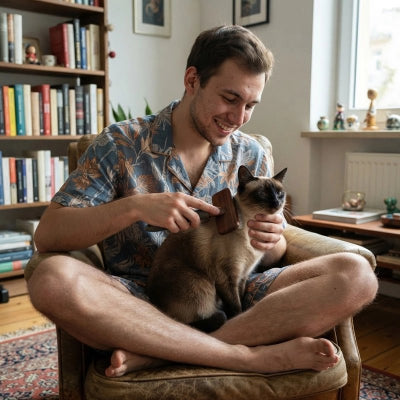 Homme brossant un chat brun et blanc installé sur ses genoux