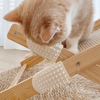 Chat roux et blanc frottant sa tête contre deux brosses beiges à picots fixées sur un pied de table en bois