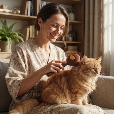 Femme brossant un chat roux à poil long assis sur ses genoux