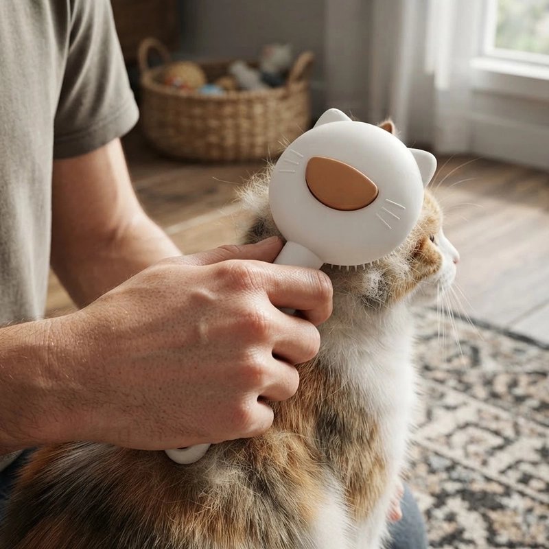 Chat tigré et blanc brossé sur le dos avec la brosse blanche
