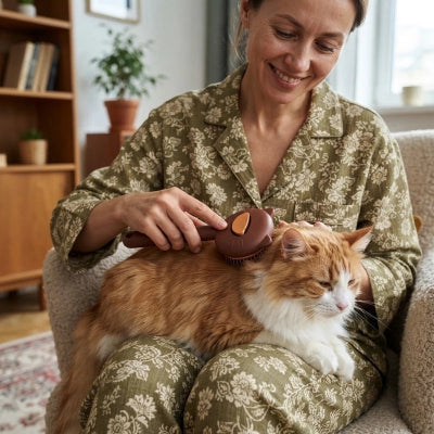  Femme brossant le dos d’un chat roux et blanc installé sur ses genoux
