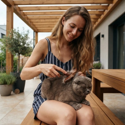 Femme brossant un chat gris installé sur ses genoux à l’extérieur