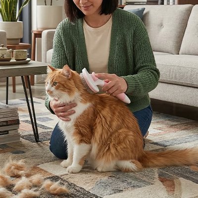 Chat roux et blanc à poil long brossé avec une brosse démêlante blanche et rose, des touffes de poils retirées sur le tapis