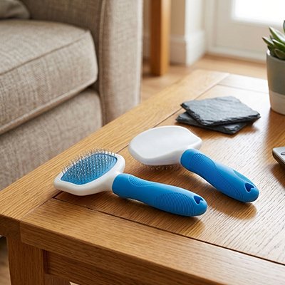 Deux brosses pour chat à manche bleu et tête blanche, l’une montrant ses picots métalliques et l’autre son dos, posées sur une table en bois