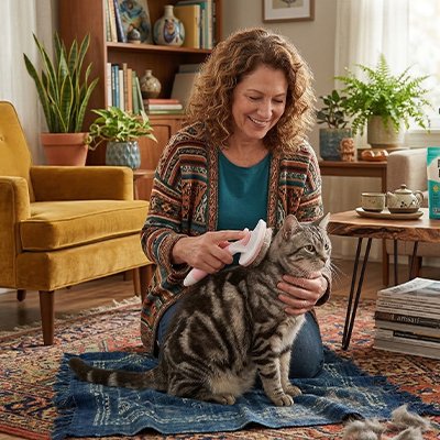Femme souriante qui brosse un chat tigré gris avec une brosse démêlante blanche, assis sur un tapis bleu, des touffes de poils retirées au sol