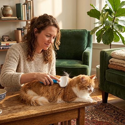 Femme brossant un chat roux et blanc à poils longs avec une brosse bleue et blanche sur une table en bois