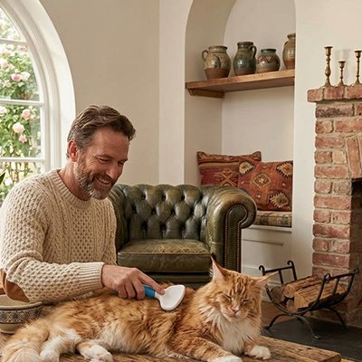 Homme souriant brossant un chat roux à poils longs allongé sur une table en bois avec une brosse bleue et blanche