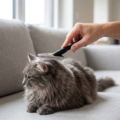 Main brossant un chat tigré gris à poils longs allongé sur un canapé gris clair