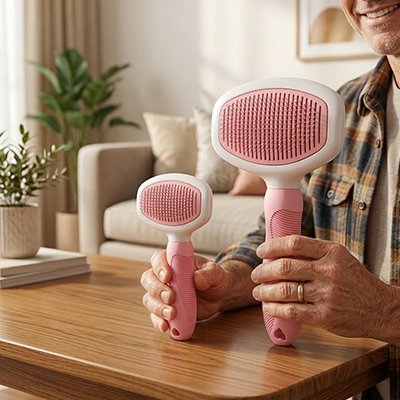 Homme tenant les deux formats de brosse pour chat rose à picots souples dans un salon