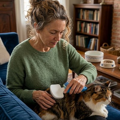 Femme en pull vert brossant un chat tigré et blanc à poils longs sur ses genoux avec une brosse bleue et blanche