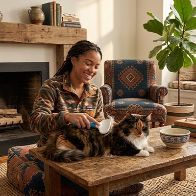 Femme souriante brossant un chat à poils longs brun, noir et blanc avec une brosse bleue et blanche sur une table basse en bois