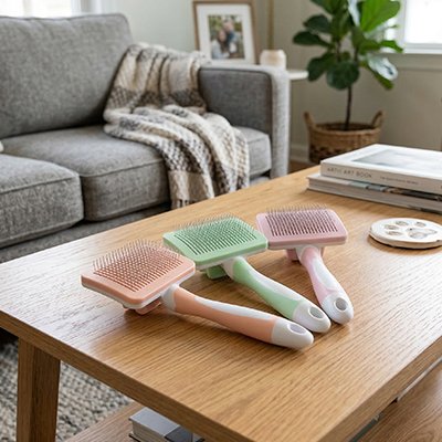 Trois brosses démêlantes pour chat poil long, en orange, vert et rose, posées sur une table basse en bois dans un salon