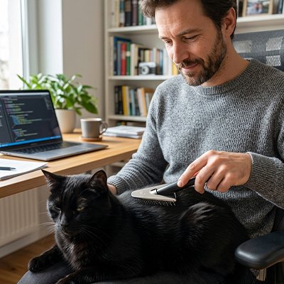 Homme en pull gris brossant un chat noir sur ses genoux avec une brosse à dents métalliques