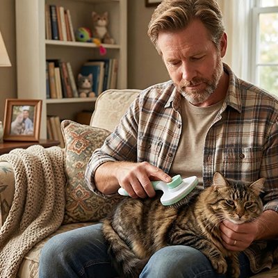 Homme qui brosse un chat tigré brun à poil long sur ses genoux avec une brosse démêlante vert menthe, assis dans un canapé