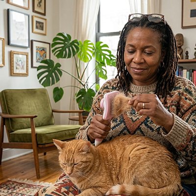  Femme qui retire les poils d'une brosse démêlante rose après avoir brossé son chat roux allongé sur ses genoux