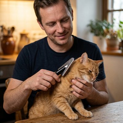 Homme souriant brossant le dos d'un chat roux assis sur une table en bois