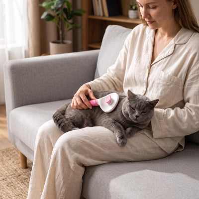 Une femme assise sur un canapé brosse un chat gris avec une brosse blanche à accents roses
