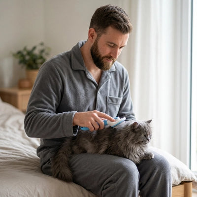 Un homme brosse un chat gris à poils longs avec une brosse blanche et bleue, près d’une fenêtre