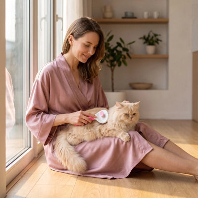 Une femme en robe rose brosse un chat crème à poils longs, installé sur ses genoux près d’une fenêtre