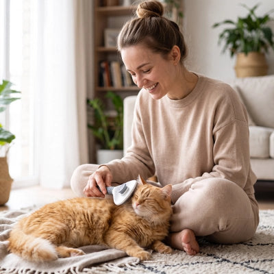Une femme brosse doucement un chat roux avec une brosse blanche, installé sur un coussin