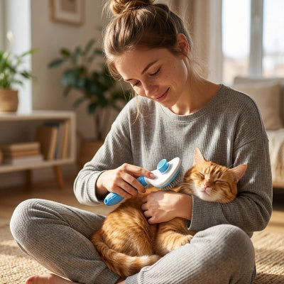Une femme en tenue grise brosse un chat roux avec une brosse blanche et bleue