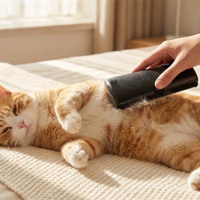 Main brossant le flanc d’un chat roux et blanc allongé sur un lit