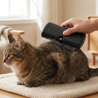 Main passant une brosse noire sur le dos d’un chat tigré brun couché sur un tapis clair