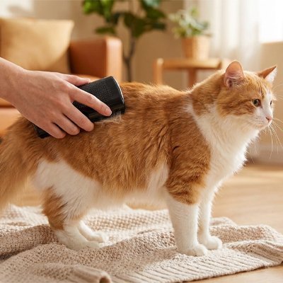  Main passant une brosse noire sur le dos d’un chat roux et blanc debout sur un tapis
