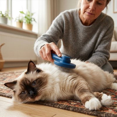 Une personne brosse le dos d’un chat à poils longs crème et brun, allongé sur un tapis, avec une brosse bleue.