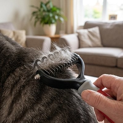 Brosse démêlante à dents métalliques retirant des poils morts du pelage d’un chat tigré, tenue par son manche gris et rouge