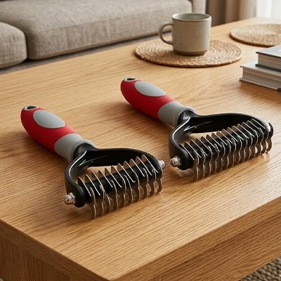 Deux brosses démêlantes pour chat à dents métalliques et manches rouges et gris, posées sur une table en bois