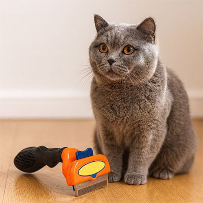 Chat gris assis sur un parquet à côté d’une brosse SoyeuxPro orange à bouton bleu, manche noir et picots métalliques