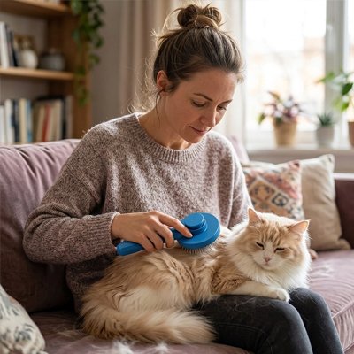 Femme brossant un chat roux et blanc à poils longs avec une brosse bleue, sur ses genoux dans un canapé