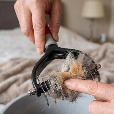 Retrait à la main d’une touffe de poils coincée dans les dents métalliques d’une brosse démêlante pour chat