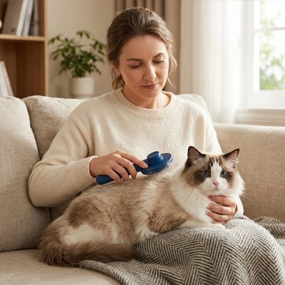 Femme brossant un chat à poils longs blanc et brun avec une brosse bleue, installé sur ses genoux sur un canapé