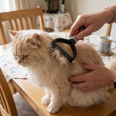 Brossage d’un chat crème à poils longs avec une brosse démêlante à dents métalliques, sur une table en bois