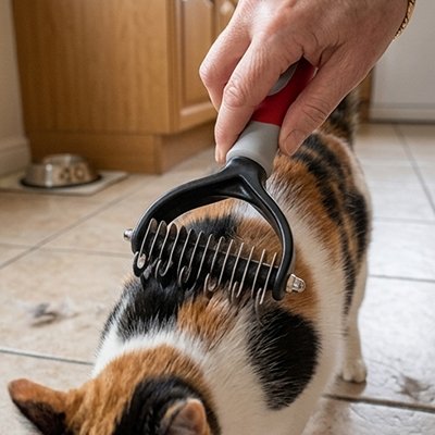 Brosse démêlante à dents métalliques et manche rouge et gris passée sur le dos d’un chat tricolore au pelage blanc, roux et noir
