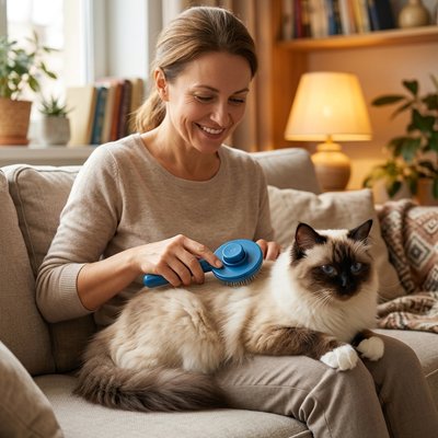 Femme brossant un chat à poils longs crème et brun avec une brosse bleue, assise sur un canapé