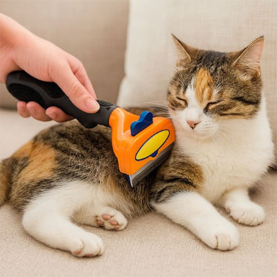 Chat tricolore allongé sur un canapé beige, brossé sur le flanc avec une brosse SoyeuxPro orange à bouton bleu et manche noir